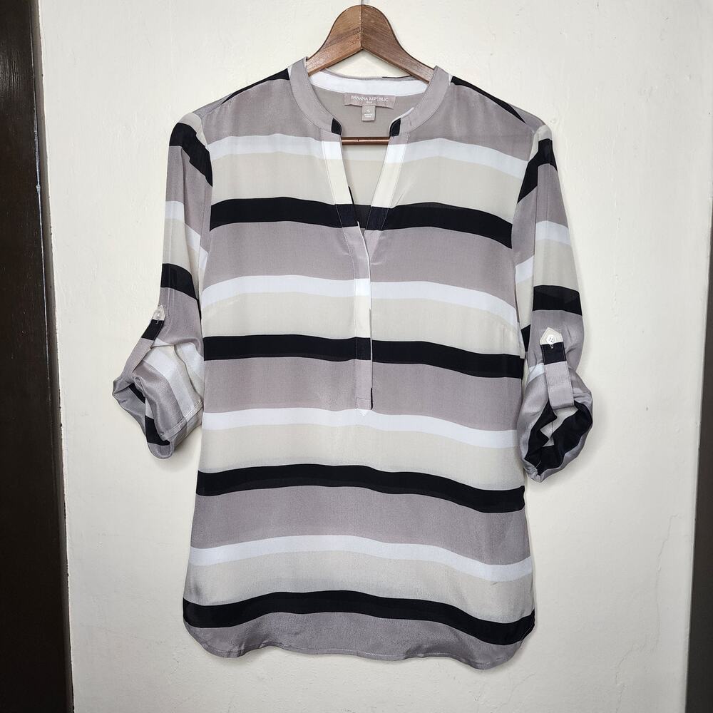 Banana Republic Silk Black Gray Stripe Roll Sleeve Blouse Women's Size Small